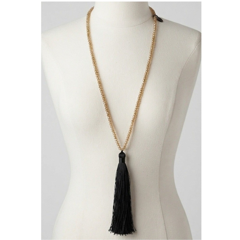 Zacasha Champagne Crystal Beaded Tassel Necklace Black Boho Long 38 in long